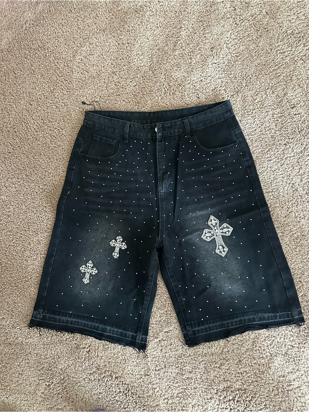 Black Embellished Cross Denim Shorts - Unbranded